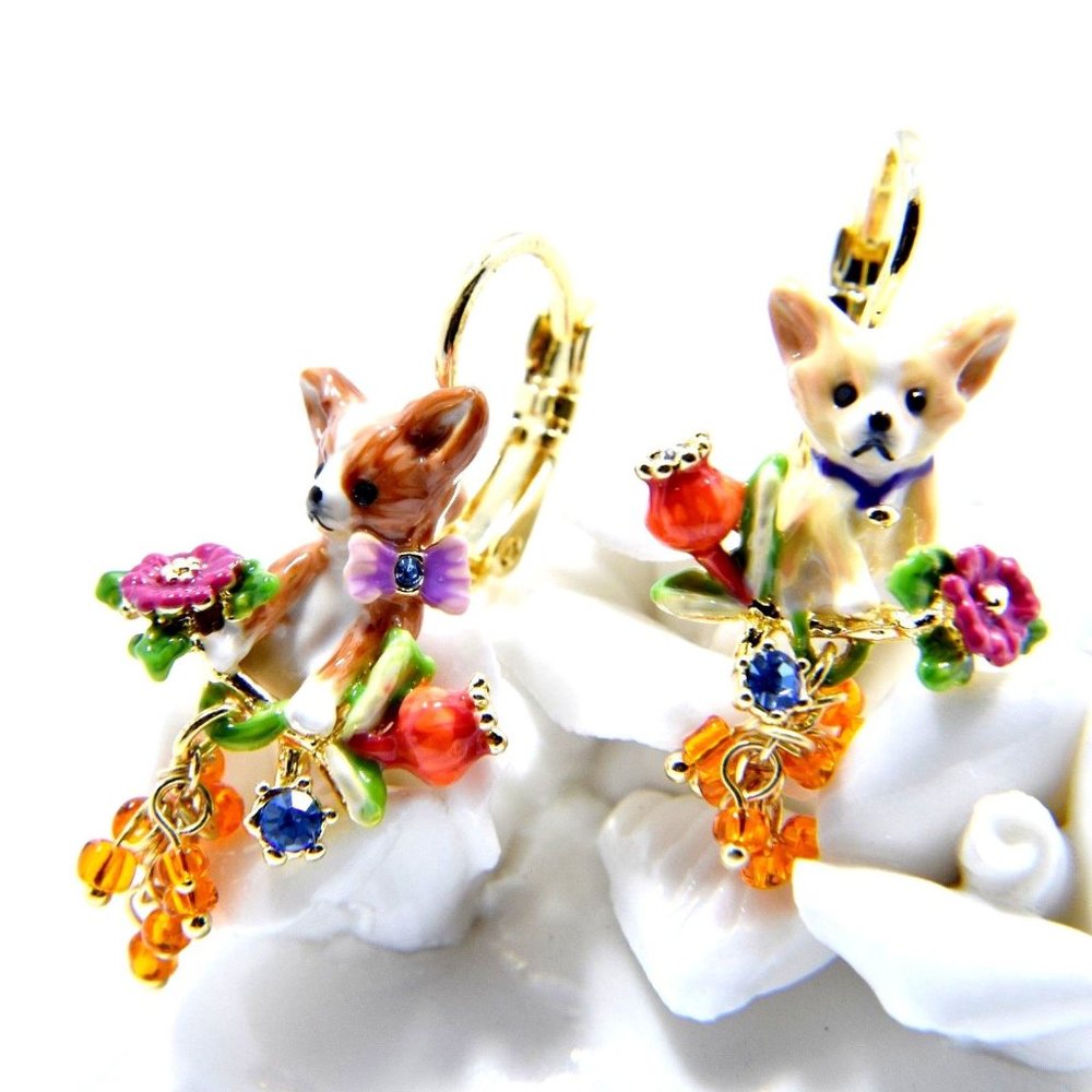 Les Nereides Duo Chihuahuas On Flowered Branch  Leverback Earrings